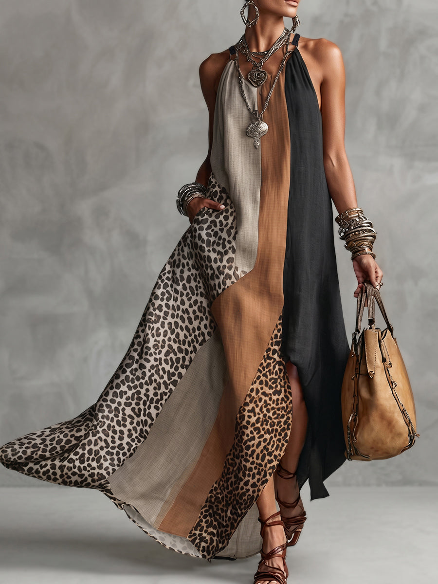 INÈS | Robe longue dos nu à imprimé léopard avec empiècements asymétriques