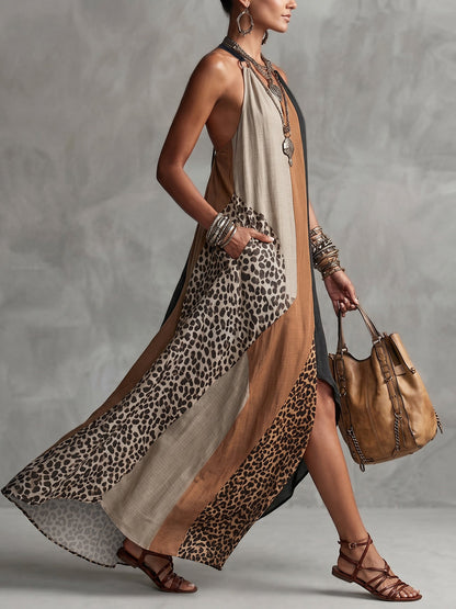 INÈS | Robe longue dos nu à imprimé léopard avec empiècements asymétriques