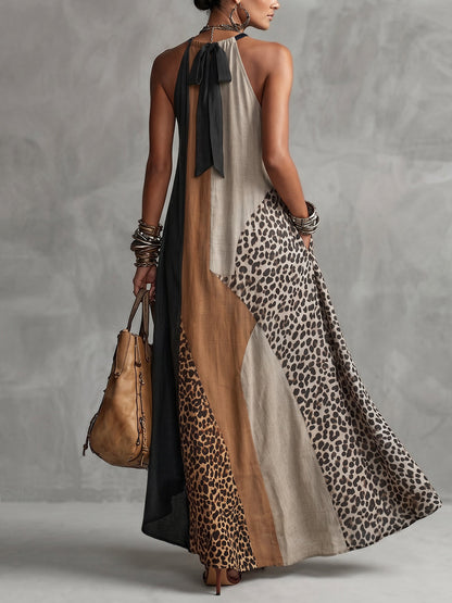 INÈS | Robe longue dos nu à imprimé léopard avec empiècements asymétriques