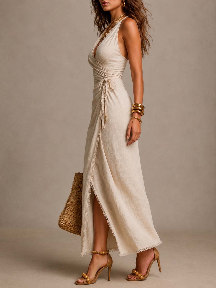 Albane | Robe midi en lin naturel avec décoration en V