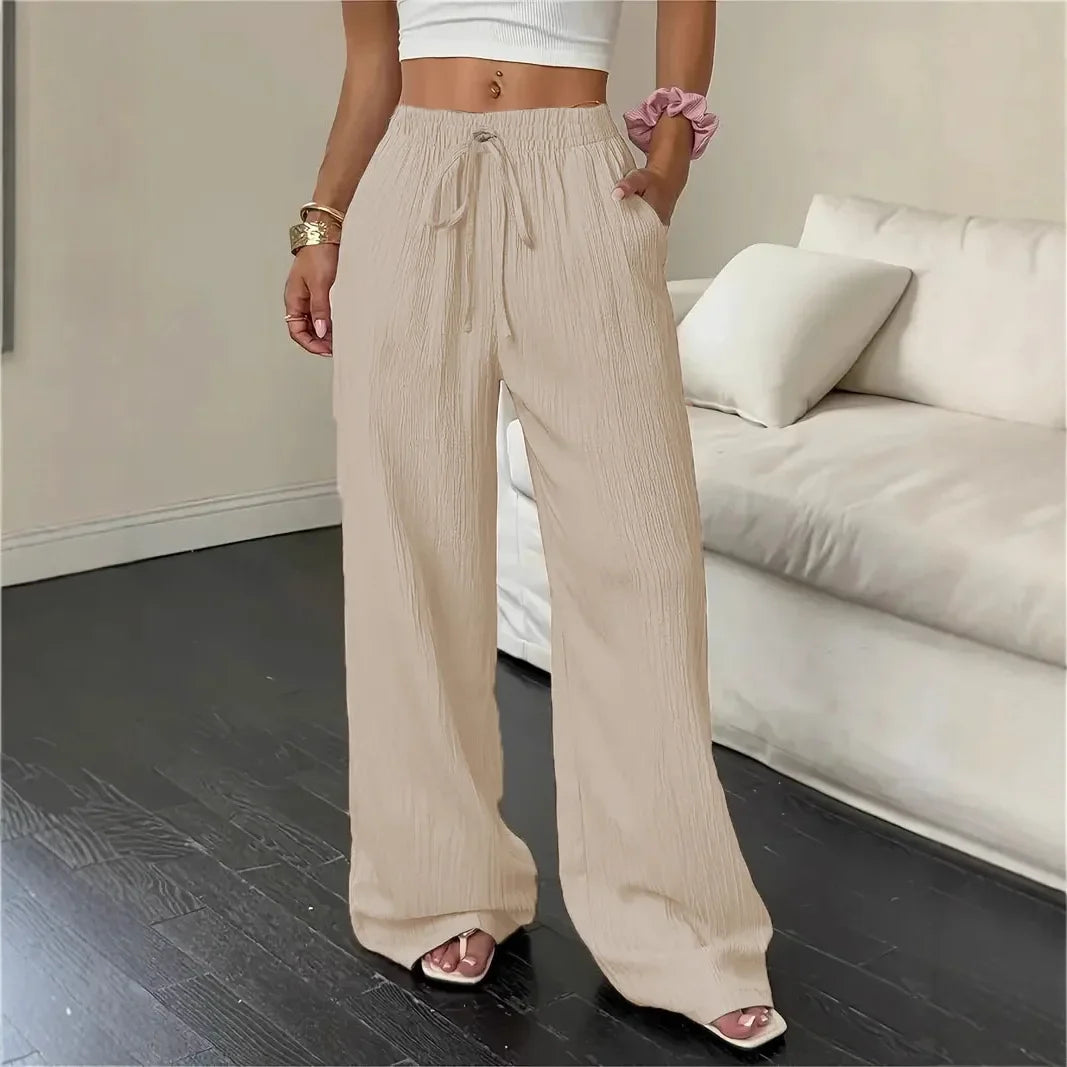 Pantalon Marelle™ en coton et lin avec cordon de serrage et coupe palazzo ample