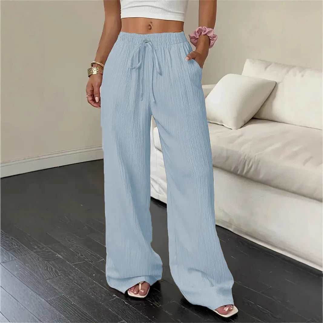 Pantalon Marelle™ en coton et lin avec cordon de serrage et coupe palazzo ample