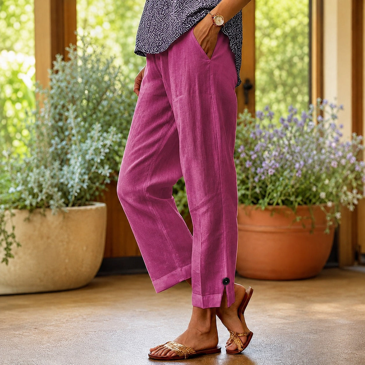 Pantalon Sylvie™ en coton et lin avec ourlet fendu latéral