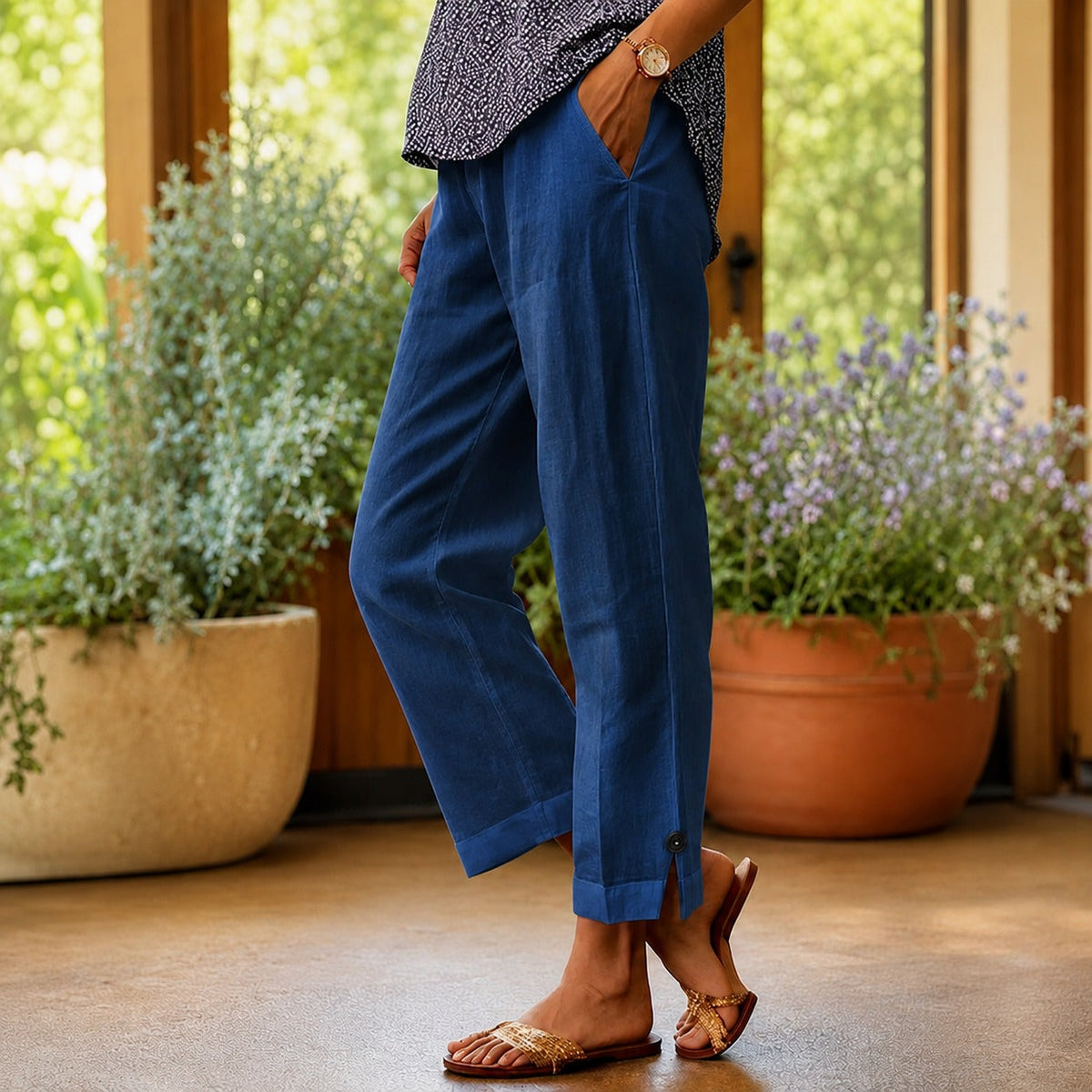 Pantalon Sylvie™ en coton et lin avec ourlet fendu latéral