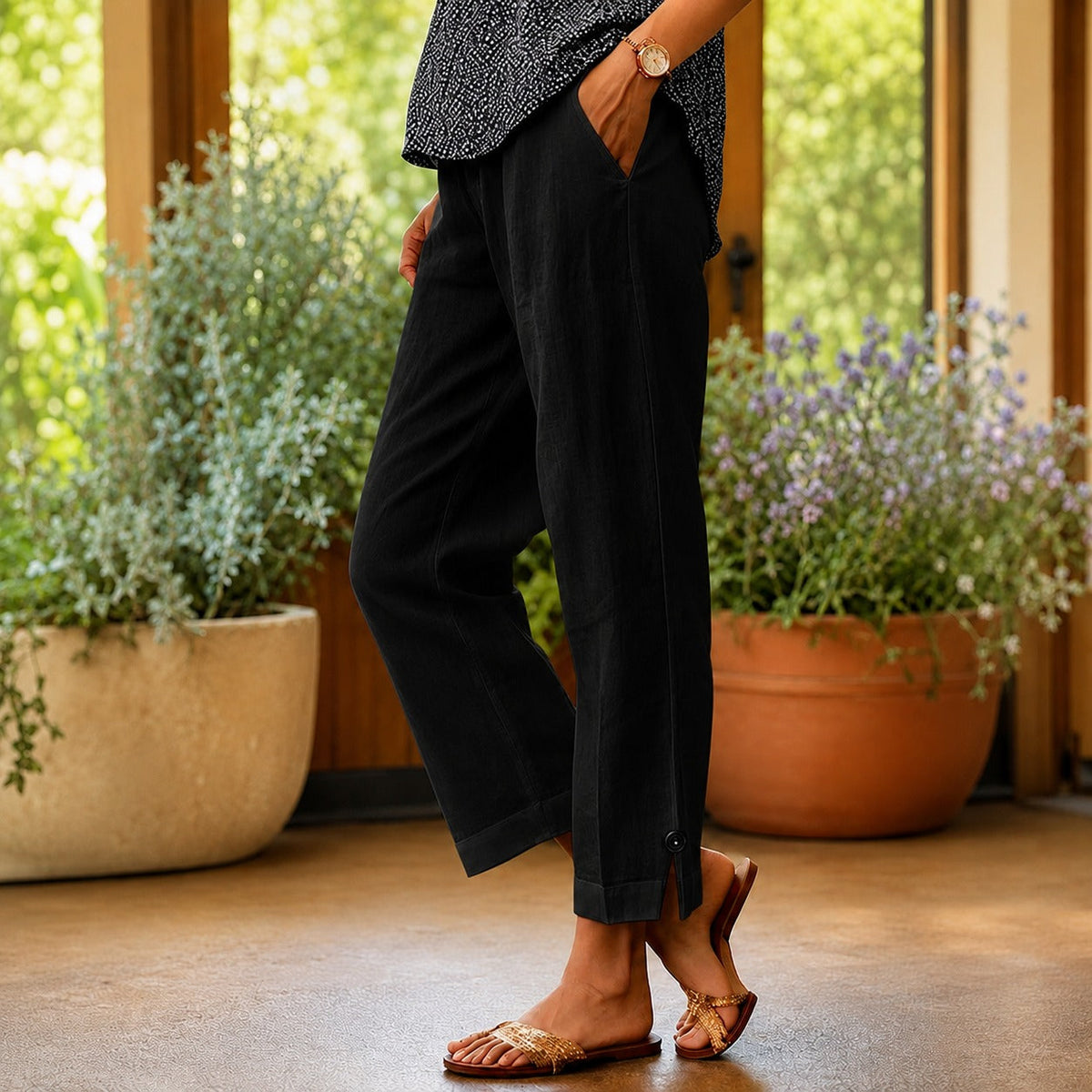 Pantalon Sylvie™ en coton et lin avec ourlet fendu latéral