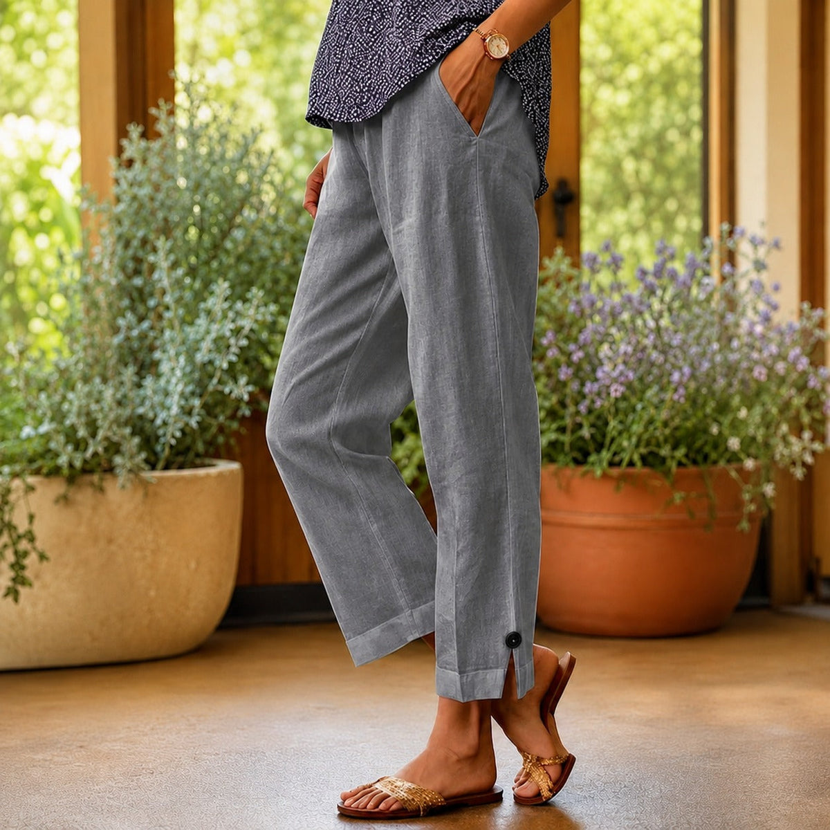 Pantalon Sylvie™ en coton et lin avec ourlet fendu latéral