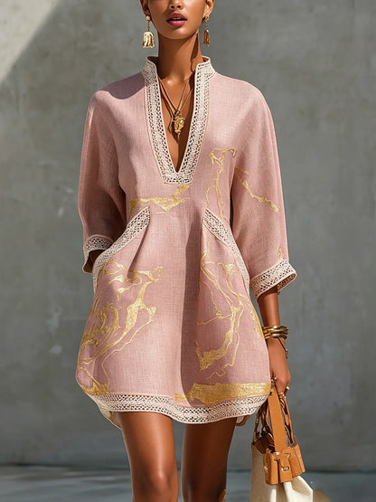 Violette | Mini-robe à imprimé marbré doré et dentelle au crochet